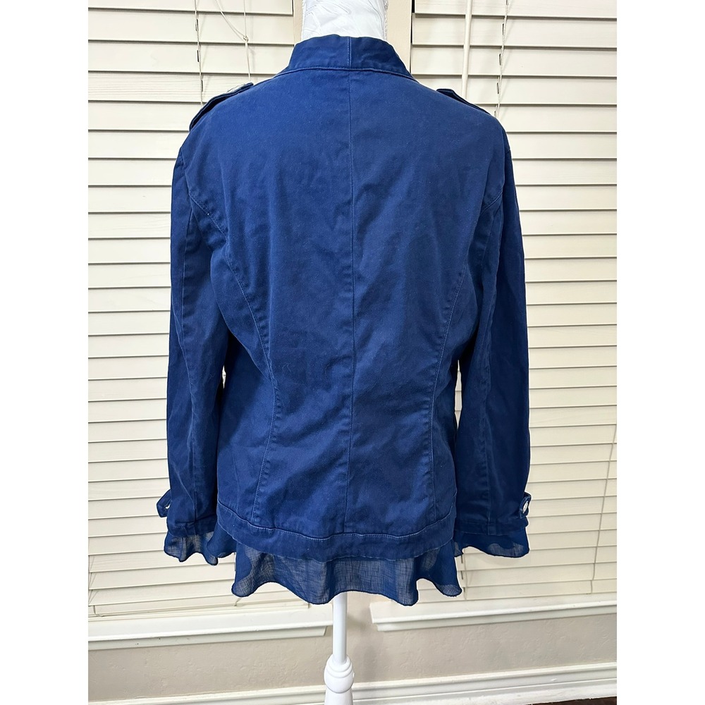 Chico's Military Jacket Women 1 Navy Blue Ruffle Hem Silver Crest Button Blazer - Picture 3 of 9